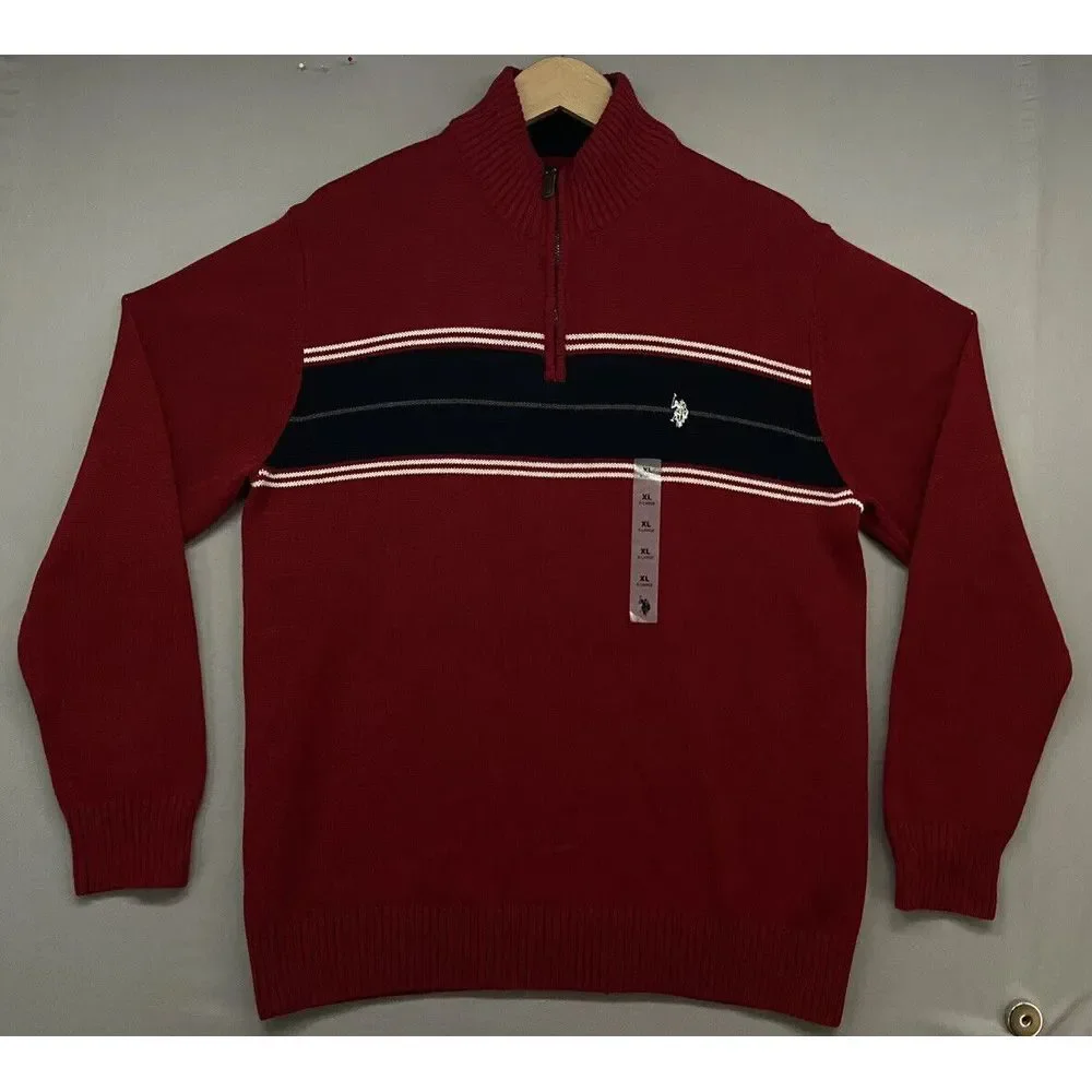 US Polo Assn Sweater‎ XL-Long Sleeve-1/4 Zip-Color Block--Red-Christmas-MSRP $70